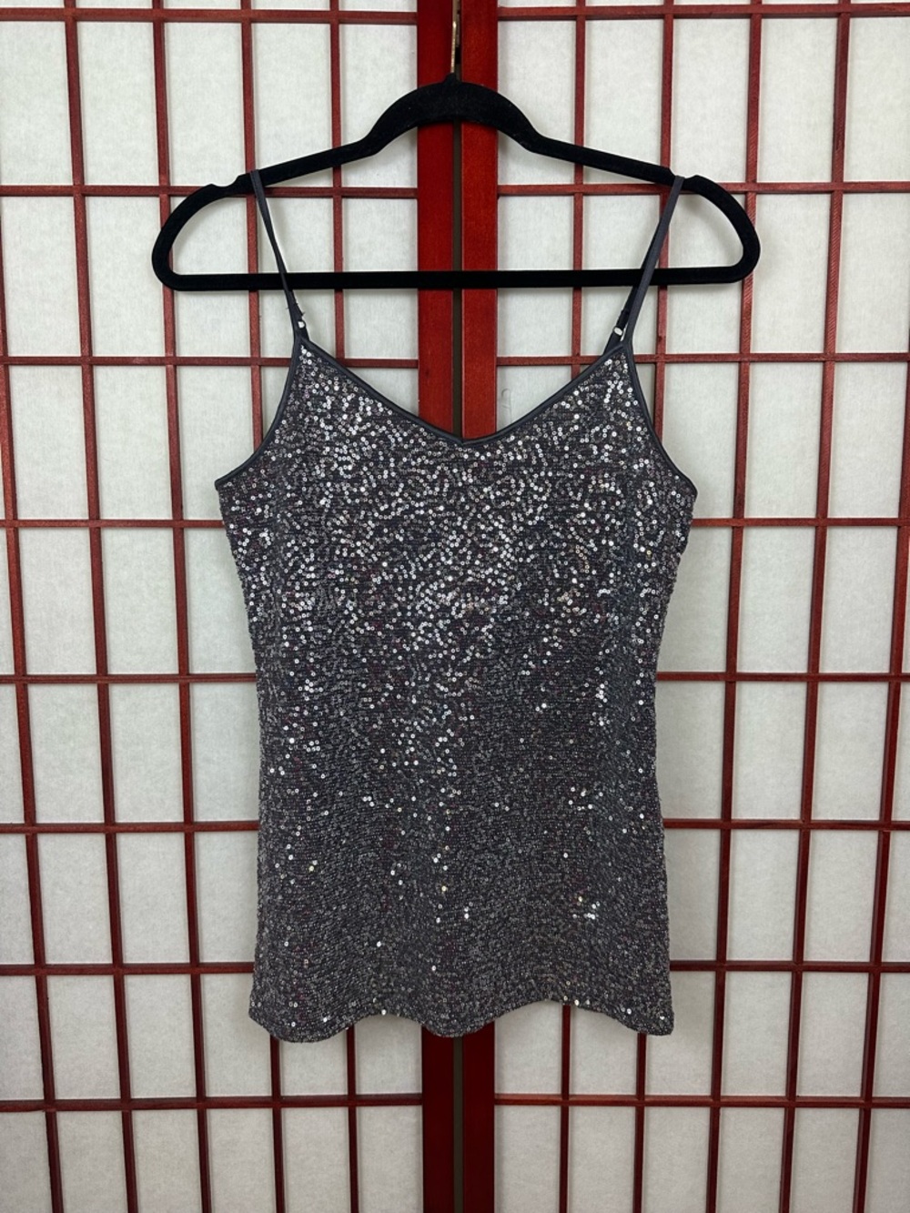 Y2K Express Silver Gray Sequin Stretch Cami Party Rave Tank Top